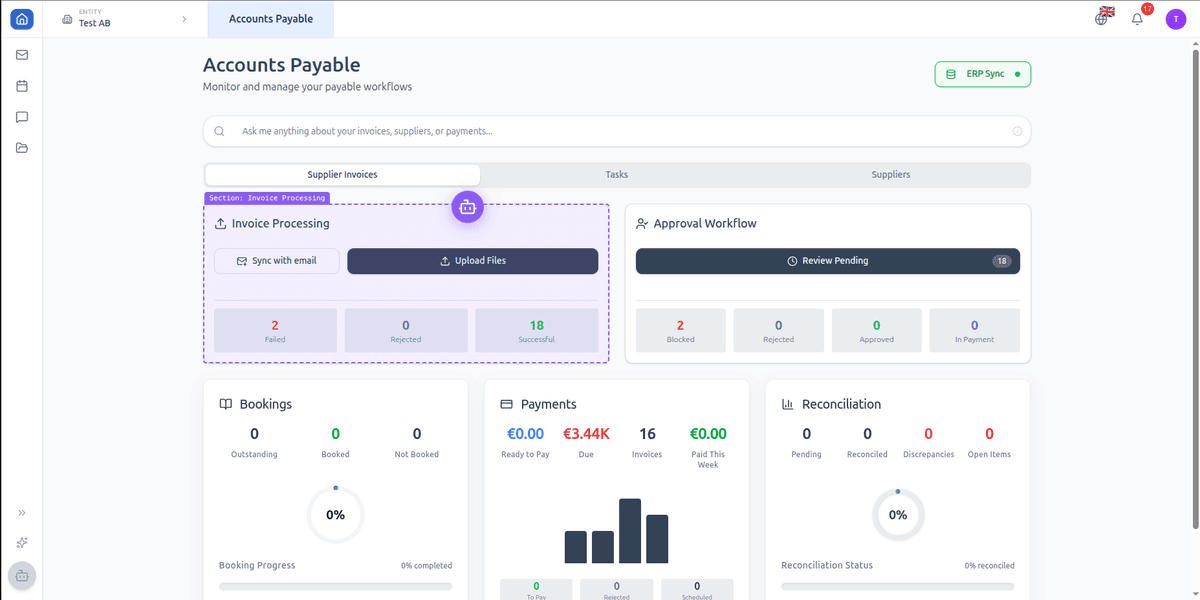 Page Guide exploration bot being dragged over a supplier invoices dashboard