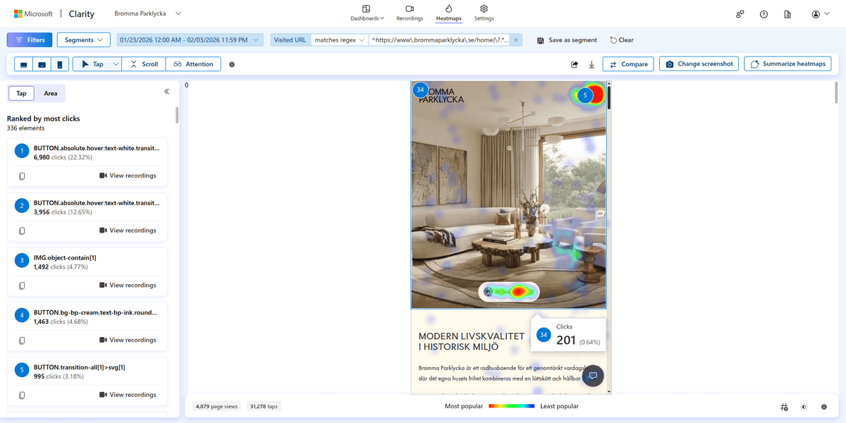 Microsoft Clarity-värmekarta som visar klick på landningssidan