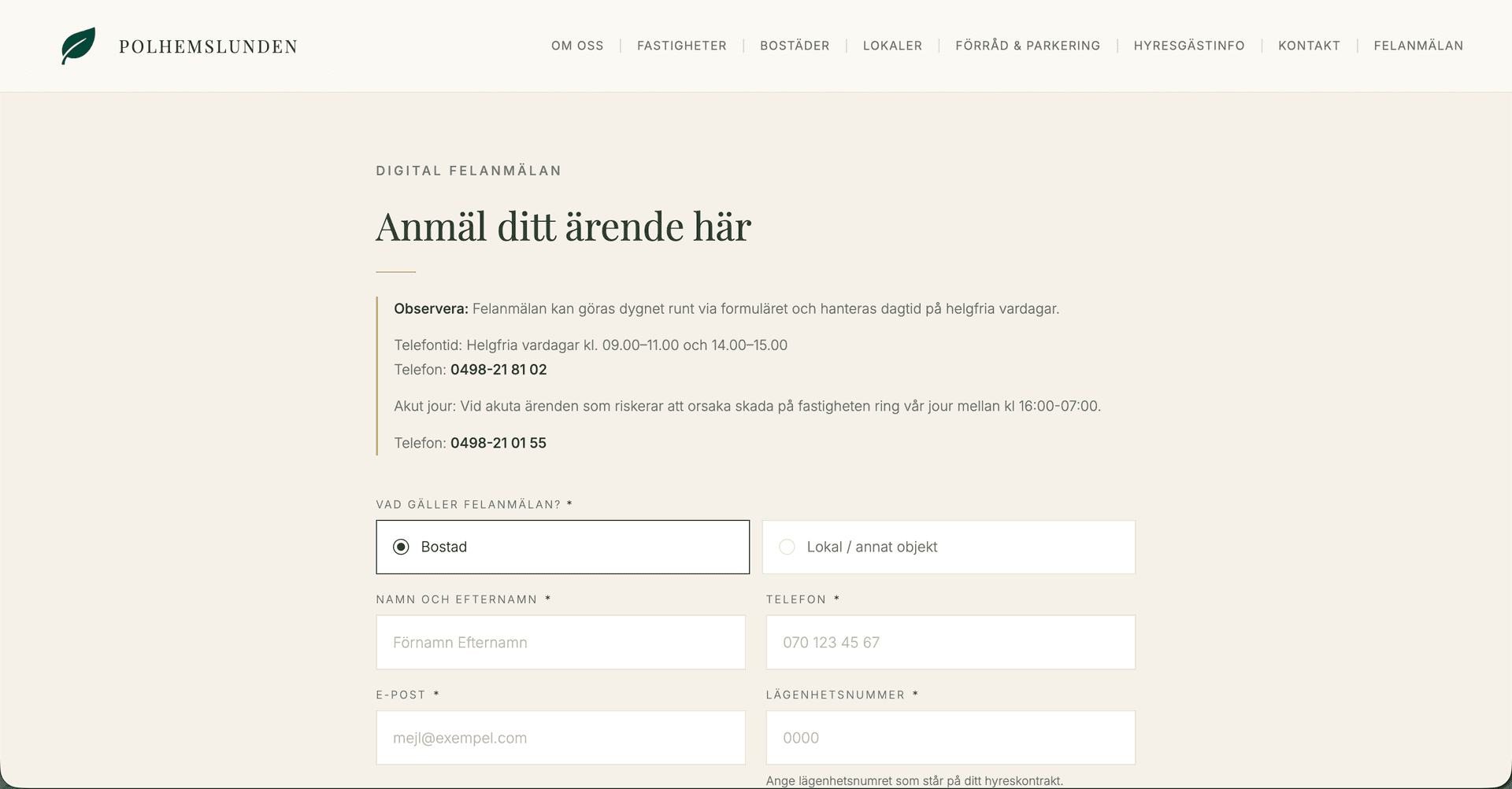 Polhemslundens digitala formulär för felanmälan