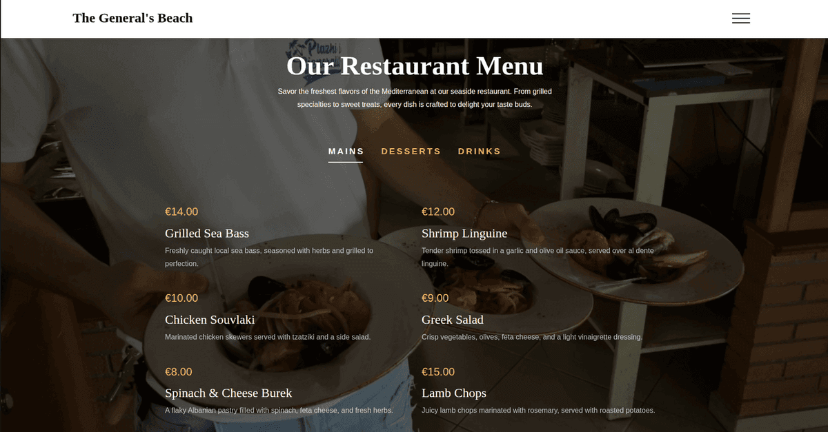 The General's Beach - Restaurant Menu