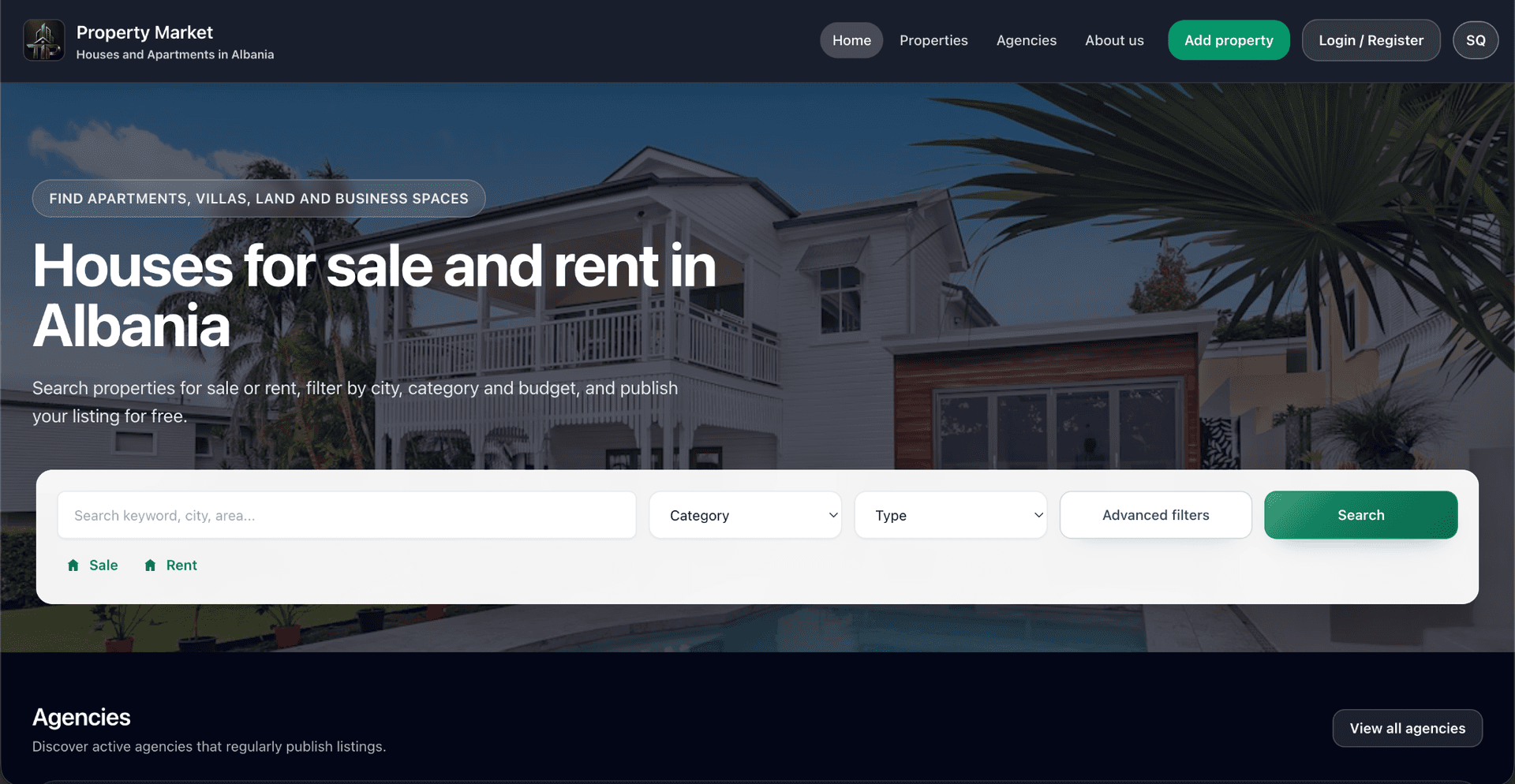 Tregu i Pronave marketplace homepage with keyword search, category filters, sale and rent entry points, and agency discovery